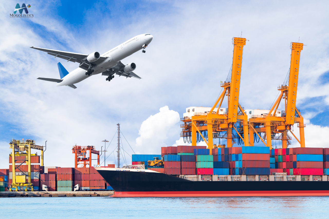 Airplane above freight containers for air freight service