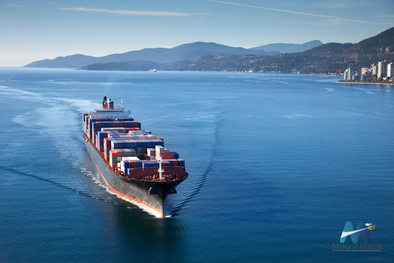 Container ship on open water for ocean freight service